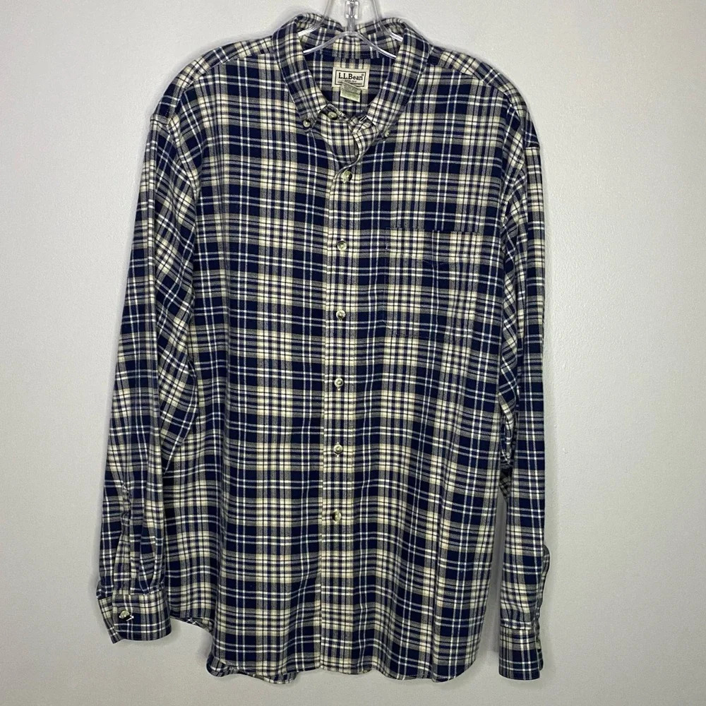 L.L.‎ Bean Flannel Shirt Mens Large Plaid Blue white tan 100% cotton